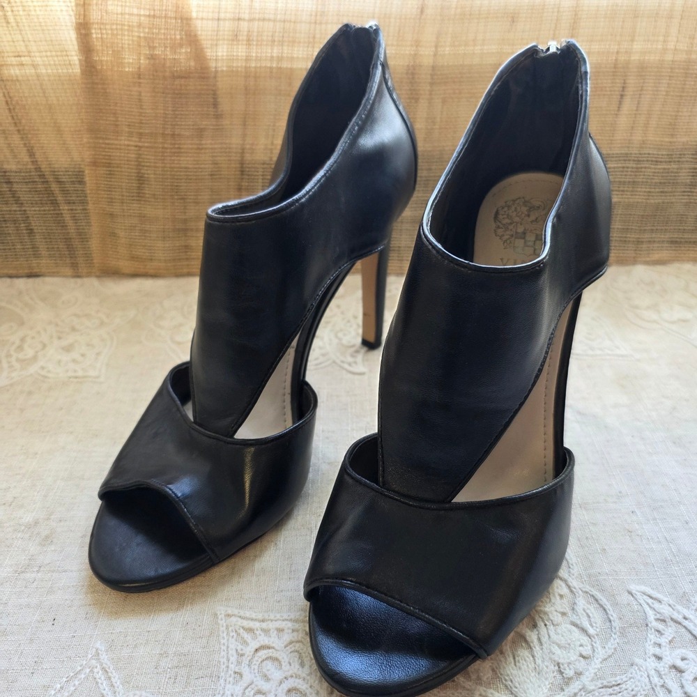 Vince Camuto Peep Toe Shooties 8.5M Black Leather Cutout Stiletto Heels, READ